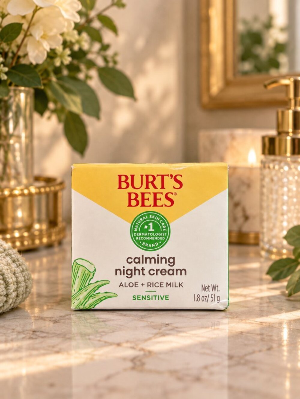 Burt’s Bees Calming Night Cream Aloe Rice Milk Sensitive Skin 1.8 oz